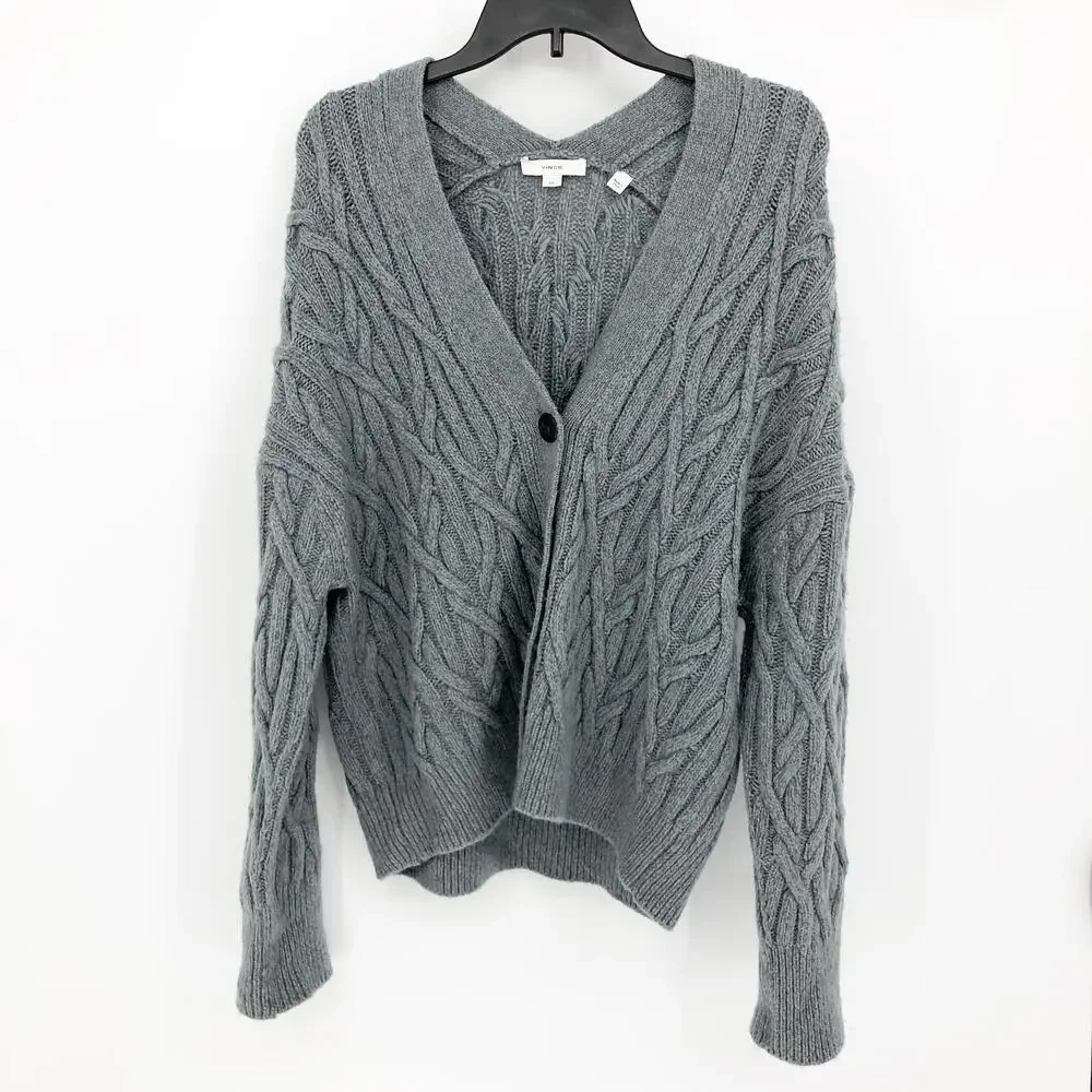 Vince. Womens Cable Cardigan Sweater Large Grey Cashmere Merino Wool Knit NWOT